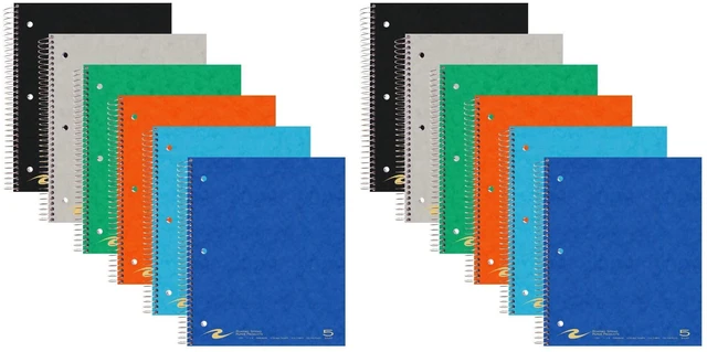 Main image of 5 Subject Spiral Notebook, 12 Pack, 11" x 9", College Ruled, 200 Perforated Sheets, Assorted Eco Press Covers, 5 Double Storage Pockets, Made in USA