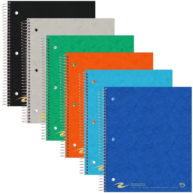 Alt view image 2 of 7 - 5 Subject Spiral Notebook, 12 Pack, 11" x 9", College Ruled, 200 Perforated Sheets, Assorted Eco Press Covers, 5 Double Storage Pockets, Made in USA