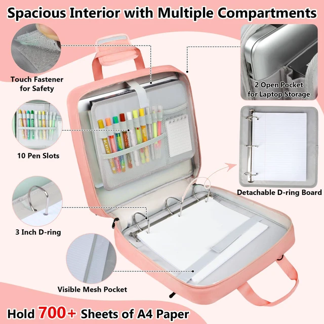 Alt view image 2 of 7 - 3 Inch Zipper 3 D-Ring Binder Bag, 700 Sheet Portfolio Organizer with Shoulder Strap, 13 Inch Laptop Sleeve, Pen& Bottle Pocket for Middle School, Peach