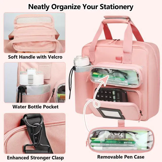 Alt view image 3 of 7 - 3 Inch Zipper 3 D-Ring Binder Bag, 700 Sheet Portfolio Organizer with Shoulder Strap, 13 Inch Laptop Sleeve, Pen& Bottle Pocket for Middle School, Peach