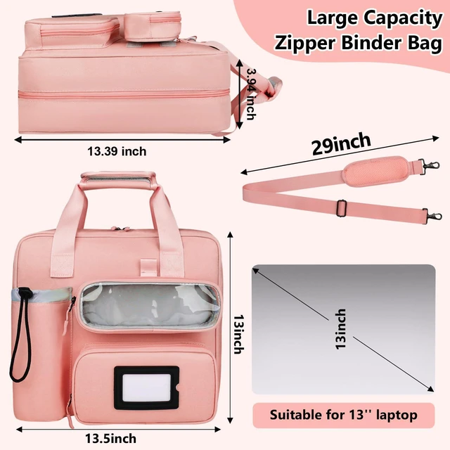 Alt view image 4 of 7 - 3 Inch Zipper 3 D-Ring Binder Bag, 700 Sheet Portfolio Organizer with Shoulder Strap, 13 Inch Laptop Sleeve, Pen& Bottle Pocket for Middle School, Peach