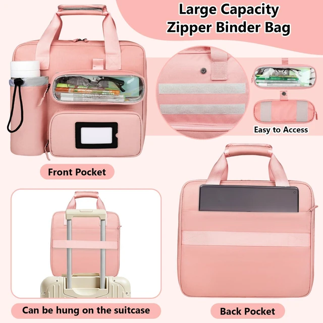 Alt view image 5 of 7 - 3 Inch Zipper 3 D-Ring Binder Bag, 700 Sheet Portfolio Organizer with Shoulder Strap, 13 Inch Laptop Sleeve, Pen& Bottle Pocket for Middle School, Peach