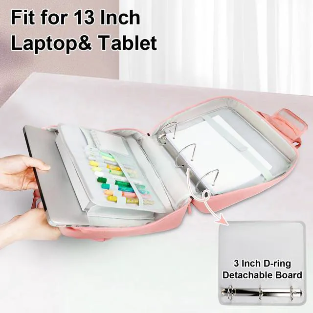 Alt view image 6 of 7 - 3 Inch Zipper 3 D-Ring Binder Bag, 700 Sheet Portfolio Organizer with Shoulder Strap, 13 Inch Laptop Sleeve, Pen& Bottle Pocket for Middle School, Peach