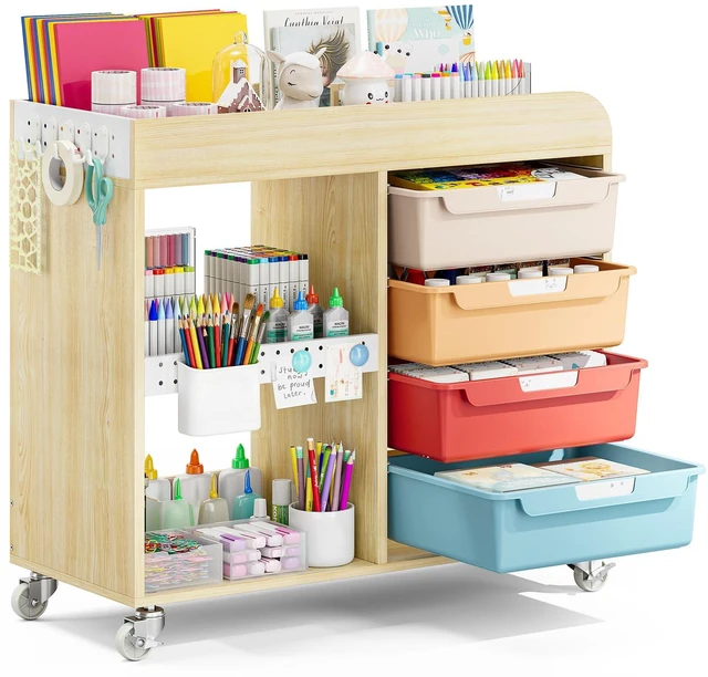 Main image of Craft Organizers and Art Supply Storage Art Cart, Classic Macaron Rolling Cart with 4 Drawers & Metal Pegboard, 5 Hooks, Cute Macaron Color Magnets for Craft Room, Office, Classroom