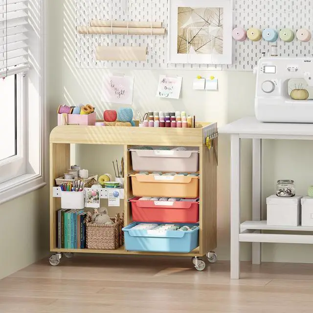 Alt view image 2 of 7 - Craft Organizers and Art Supply Storage Art Cart, Classic Macaron Rolling Cart with 4 Drawers & Metal Pegboard, 5 Hooks, Cute Macaron Color Magnets for Craft Room, Office, Classroom