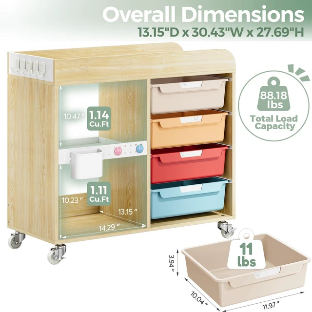Alt view image 3 of 7 - Craft Organizers and Art Supply Storage Art Cart, Classic Macaron Rolling Cart with 4 Drawers & Metal Pegboard, 5 Hooks, Cute Macaron Color Magnets for Craft Room, Office, Classroom