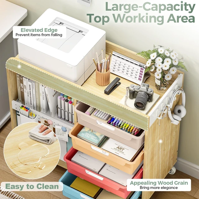 Alt view image 4 of 7 - Craft Organizers and Art Supply Storage Art Cart, Classic Macaron Rolling Cart with 4 Drawers & Metal Pegboard, 5 Hooks, Cute Macaron Color Magnets for Craft Room, Office, Classroom
