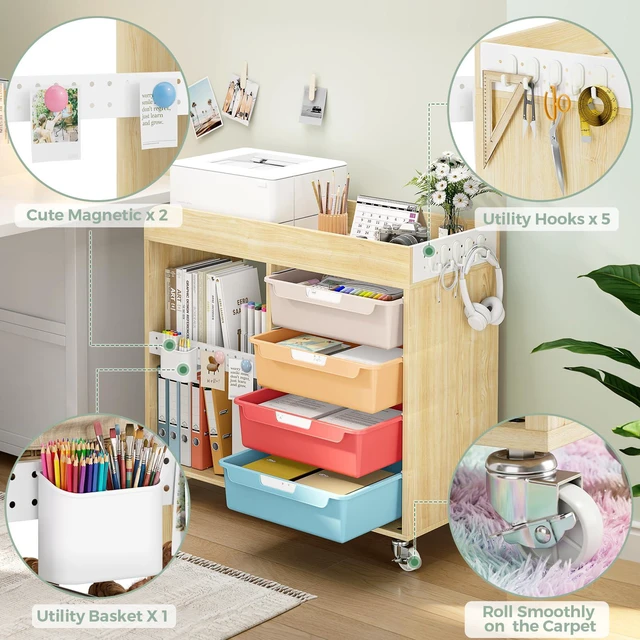 Alt view image 6 of 7 - Craft Organizers and Art Supply Storage Art Cart, Classic Macaron Rolling Cart with 4 Drawers & Metal Pegboard, 5 Hooks, Cute Macaron Color Magnets for Craft Room, Office, Classroom