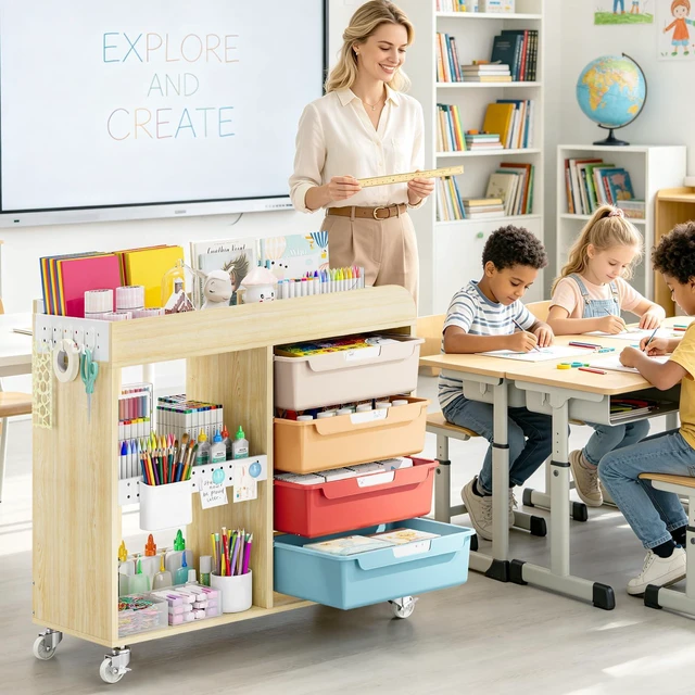 Alt view image 7 of 7 - Craft Organizers and Art Supply Storage Art Cart, Classic Macaron Rolling Cart with 4 Drawers & Metal Pegboard, 5 Hooks, Cute Macaron Color Magnets for Craft Room, Office, Classroom