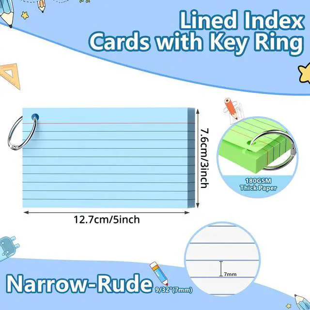 Alt view image 2 of 6 - Index Cards 3x5 Inch With Ring, 600 Count, Ruled White Colored Index Card, 180GSM Flash Cards College Ruled for Students, Teachers, Study Note Card for Office, Home, School, Office
