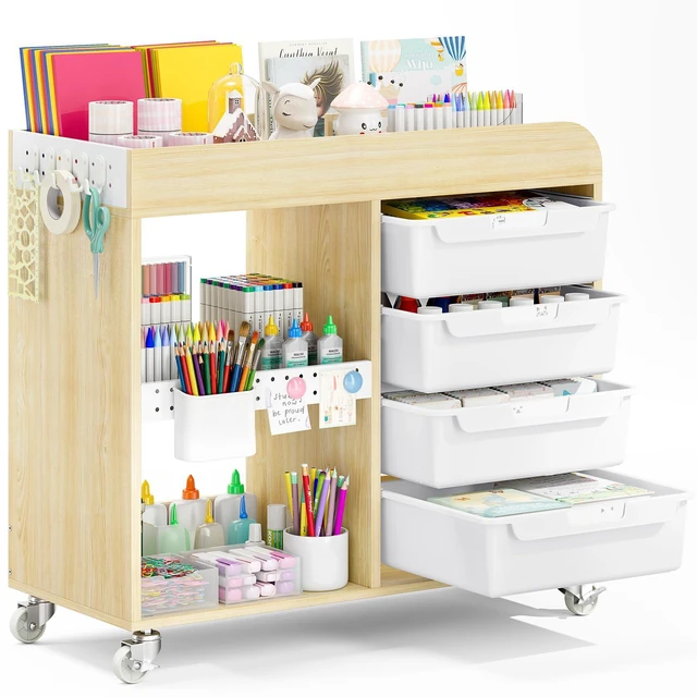 Main image of Craft Organizers and Art Supply Storage, Art Cart, Classic White Rolling Cart with 4 Drawers & Metal Pegboard, Cute Macaron Color Magnets for Craft Room, Office, Classroom