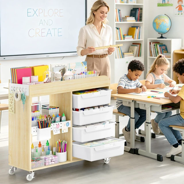 Alt view image 2 of 7 - Craft Organizers and Art Supply Storage, Art Cart, Classic White Rolling Cart with 4 Drawers & Metal Pegboard, Cute Macaron Color Magnets for Craft Room, Office, Classroom
