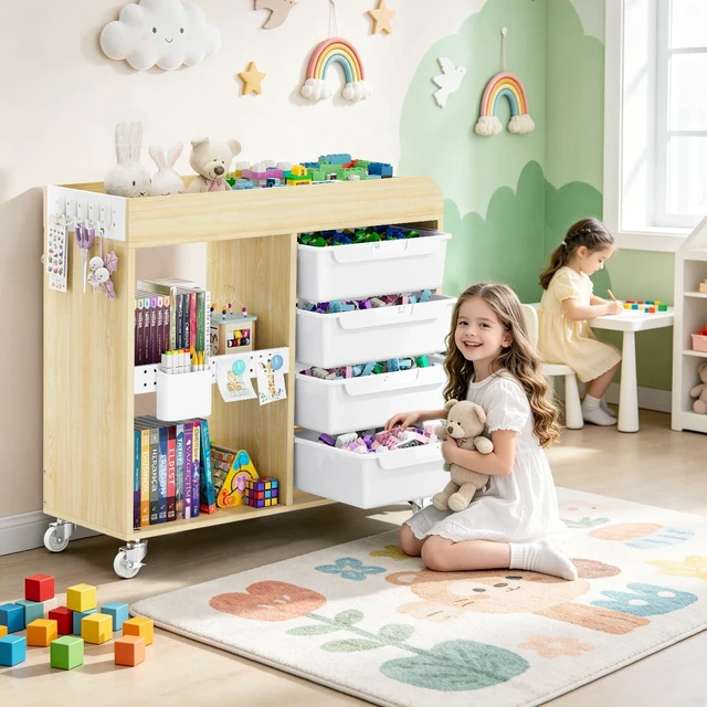 Alt view image 4 of 7 - Craft Organizers and Art Supply Storage, Art Cart, Classic White Rolling Cart with 4 Drawers & Metal Pegboard, Cute Macaron Color Magnets for Craft Room, Office, Classroom