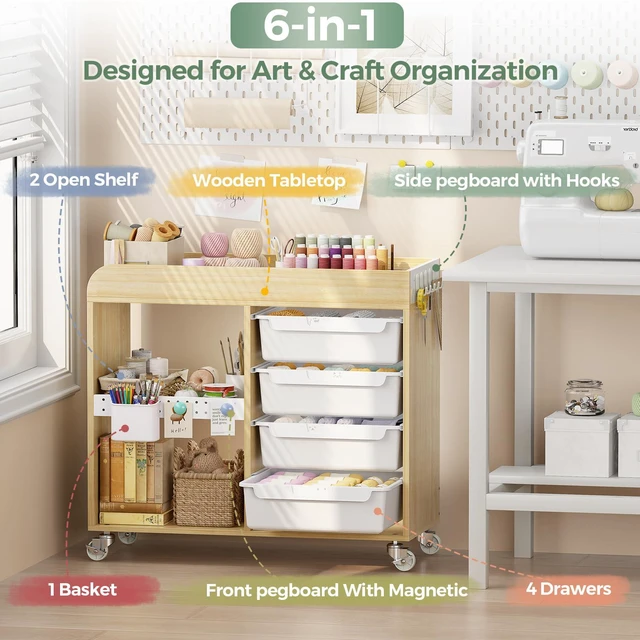 Alt view image 6 of 7 - Craft Organizers and Art Supply Storage, Art Cart, Classic White Rolling Cart with 4 Drawers & Metal Pegboard, Cute Macaron Color Magnets for Craft Room, Office, Classroom