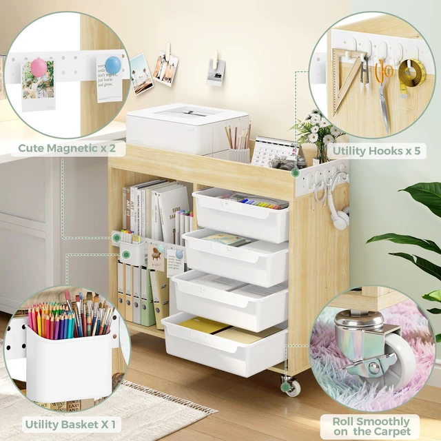 Alt view image 7 of 7 - Craft Organizers and Art Supply Storage, Art Cart, Classic White Rolling Cart with 4 Drawers & Metal Pegboard, Cute Macaron Color Magnets for Craft Room, Office, Classroom