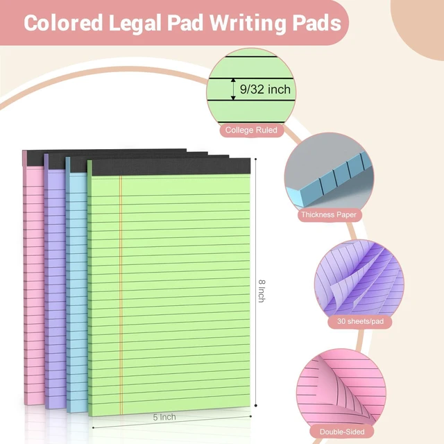 Alt view image 2 of 7 - 12 Pack Note Pads 5x8 Narrow Ruled Legal Pad Multicolor Writing Pads 5x8 Small Notepads Small Note Pads Pink Legal Pad, Purple Notepad,30 Sheet/Notepad, Colored Lined Paper for School,Business,Home