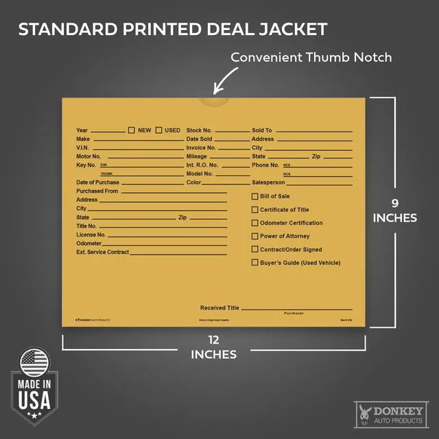 Alt view image 2 of 7 - Printed Vehicle Deal Envelopes 9x12 Deal Jackets (100 shrink wrapped) (Buff)
