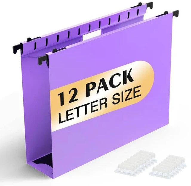 Main image of Extra Capacity Plastic Hanging File Folders,12 Pack, Letter, Purple Letter Size, Reinforced Hang Folder, Heavy Duty 2 In Expansion, w/ Tabs, Filing Cabinet Folders for Bulk Files/Medical Charts