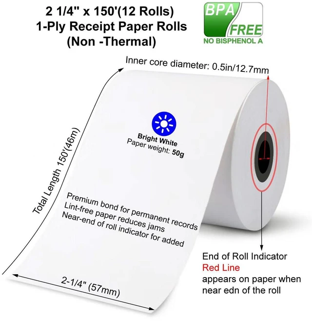 Alt view image 3 of 6 - (12 Rolls)2 1/4 in x 150 ft Adding Machine Tape Paper Rolls, for HR-10RC, HR-170RC, HR-200RC, EL-1197PIII, EL-1801V, P23-DHV-3, CP-90A, MP11DX-2, 1280-2