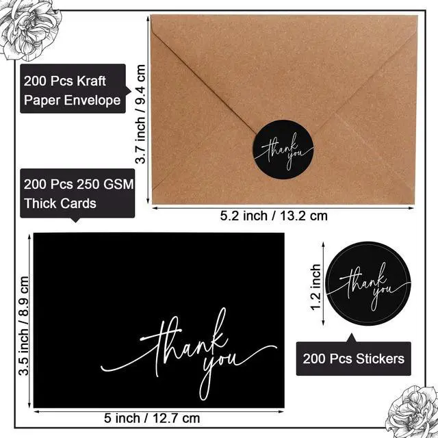 Alt view image 2 of 6 - 200 Pcs Thank You Cards with Envelopes Stickers, 3.5x5", Black Folded Blank Thank You Notes Bulk, Kraft Envelopes and Stickers, for Wedding Business Graduation Baby Shower Bridal Shower
