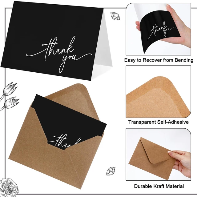 Alt view image 3 of 6 - 200 Pcs Thank You Cards with Envelopes Stickers, 3.5x5", Black Folded Blank Thank You Notes Bulk, Kraft Envelopes and Stickers, for Wedding Business Graduation Baby Shower Bridal Shower