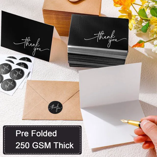 Alt view image 4 of 6 - 200 Pcs Thank You Cards with Envelopes Stickers, 3.5x5", Black Folded Blank Thank You Notes Bulk, Kraft Envelopes and Stickers, for Wedding Business Graduation Baby Shower Bridal Shower