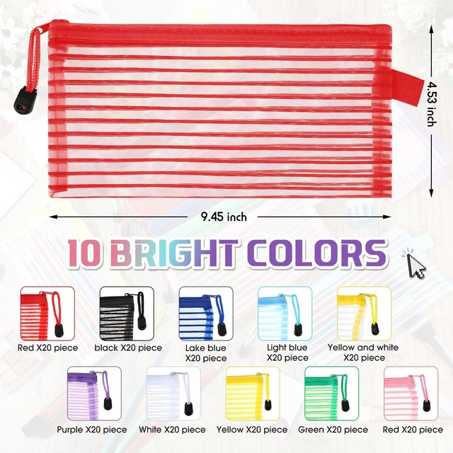Alt view image 2 of 7 - 200 Pcs A6 Mesh Zipper Pouches Bulk 9.4"x4.5",Bright Colors Waterproof Pencil Bags for Office Supplies, Transparent Design for Stationery Storage, Organizers for Cosmetics Travel