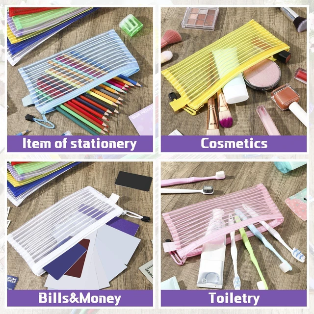 Alt view image 3 of 7 - 200 Pcs A6 Mesh Zipper Pouches Bulk 9.4"x4.5",Bright Colors Waterproof Pencil Bags for Office Supplies, Transparent Design for Stationery Storage, Organizers for Cosmetics Travel