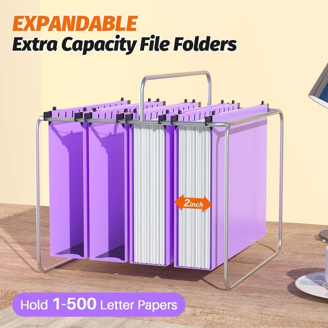 Alt view image 4 of 7 - Extra Capacity Plastic Hanging File Folders,12 Pack, Letter, Purple Letter Size, Reinforced Hang Folder, Heavy Duty 2 In Expansion, w/ Tabs, Filing Cabinet Folders for Bulk Files/Medical Charts
