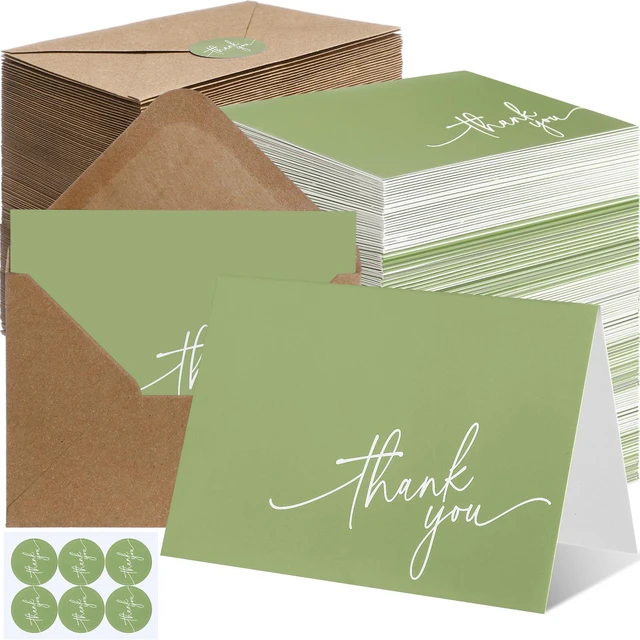 Main image of 200 Pcs Thank You Cards with Envelopes Stickers, 3.5x5", Sage Green Folded Blank Thank You Notes Bulk, Kraft Envelopes and Stickers, for Wedding Business Graduation Baby Shower Bridal Shower
