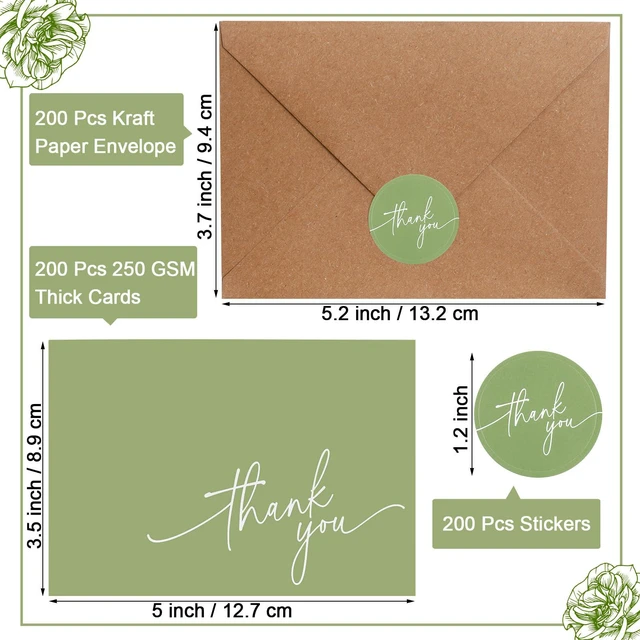 Alt view image 2 of 6 - 200 Pcs Thank You Cards with Envelopes Stickers, 3.5x5", Sage Green Folded Blank Thank You Notes Bulk, Kraft Envelopes and Stickers, for Wedding Business Graduation Baby Shower Bridal Shower