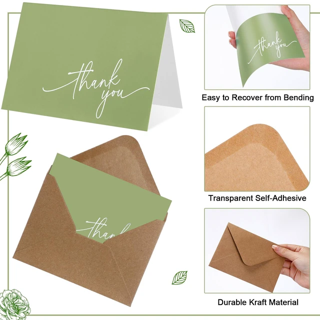 Alt view image 3 of 6 - 200 Pcs Thank You Cards with Envelopes Stickers, 3.5x5", Sage Green Folded Blank Thank You Notes Bulk, Kraft Envelopes and Stickers, for Wedding Business Graduation Baby Shower Bridal Shower