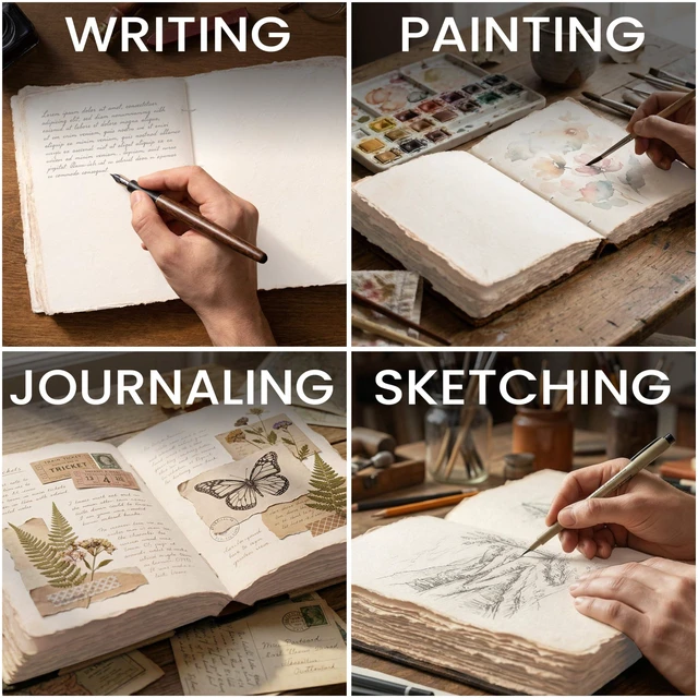 Alt view image 3 of 7 - Journals For Women Exposed Spine, Ivory 8x6. Antique Deckle Edges Watercolor Paper - Book of Shadows/Spell - Writing Notebook Sketchbook for Women and Men-8''x6'', White