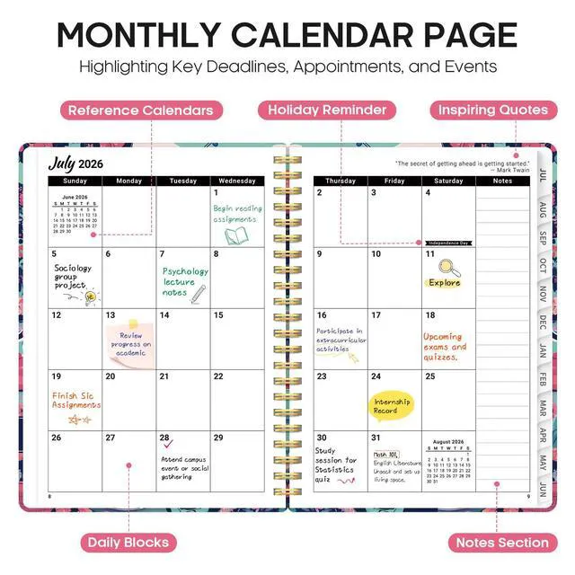 Alt view image 2 of 7 - Planner 2026-2027, Monthly & Weekly Jul 2026-Jun 2027 Calendar Planner 6.3" x 8.5", Hardcover Academic Organizer with Tabs, Pretty Calendar Book for Women, Students, Teachers, Garden Picnic