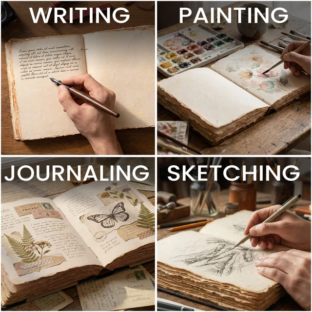 Alt view image 4 of 7 - Journal Exposed Spine, Brown 10x7. Antique Deckle Edges Watercolor Paper - Book of Shadows/Spell-Writing Notebook Sketchbook for Women and Men-10''x7'', Vintage