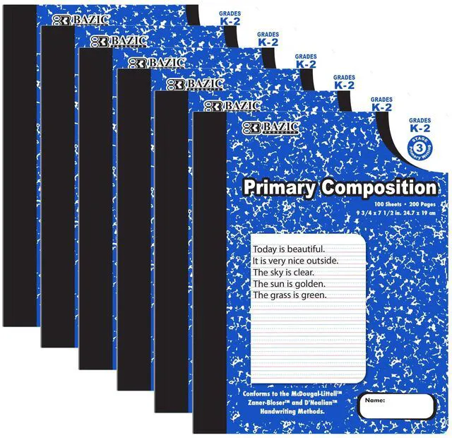 Main image of Primary Composition Notebook, Grades K-2, Marble, 6-Pack 100 sheets (200 pages), 9.75 x 7.5 in, Dashed mid-line primary ruling, Center-sewn, Bulk pack
