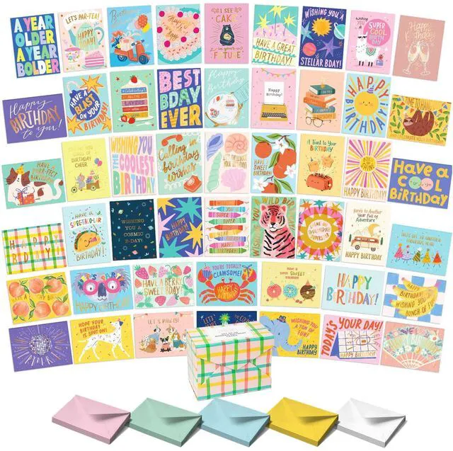 Main image of Happy Birthday Cards with Envelopes and Assortment Box Variety Set of 50 Assorted Birthday Notes. Perfect Bulk Pack for Celebrations, Office, Friends & Special Occasions-4x5.5