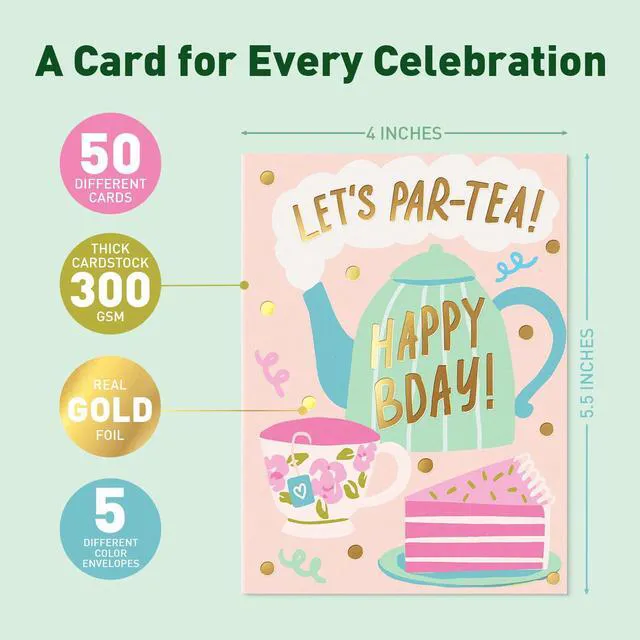 Alt view image 2 of 7 - Happy Birthday Cards with Envelopes and Assortment Box Variety Set of 50 Assorted Birthday Notes. Perfect Bulk Pack for Celebrations, Office, Friends & Special Occasions-4x5.5