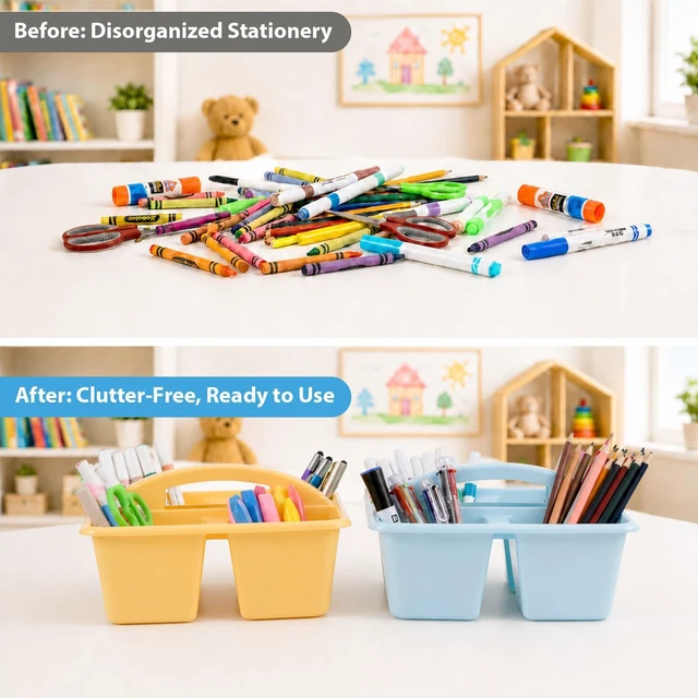 Alt view image 4 of 7 - 6 Pack 4 Compartment Classroom Caddy with Handle, Pastel Assorted Colors, Portable Carry Handle, Versatile Table Caddies for Classroom Organization and Office Supply Storage