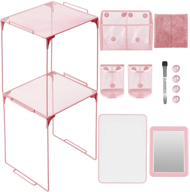 Main image of 13 Pcs Locker Organizer Kit Stackable Mesh Shelves School, Pink