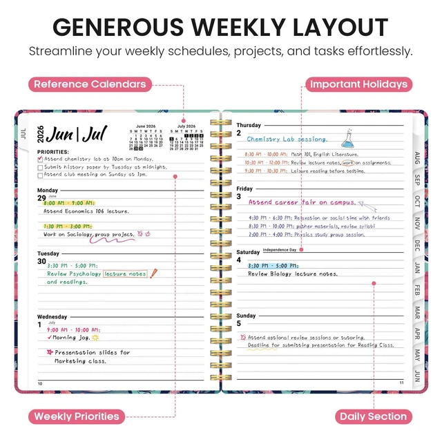Alt view image 3 of 7 - Planner 2026-2027, Monthly & Weekly Jul 2026-Jun 2027 Calendar Planner 6.3" x 8.5", Hardcover Academic Organizer with Tabs, Pretty Calendar Book for Women, Students, Teachers, Garden Picnic