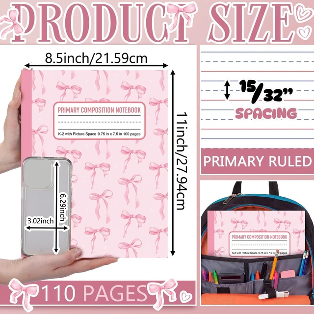 Alt view image 3 of 7 - 6 Pack Pink Bow Primary Composition Notebook with Picture Space Bulk for Grades K-2 110 Page 8.5 X11'' Half Primary Journal K-2 Drawing Story for Back to School First Day of School