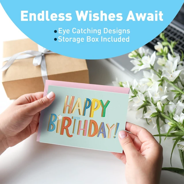 Alt view image 4 of 7 - Happy Birthday Cards with Envelopes and Assortment Box Variety Set of 50 Assorted Birthday Notes. Perfect Bulk Pack for Celebrations, Office, Friends & Special Occasions-4x5.5