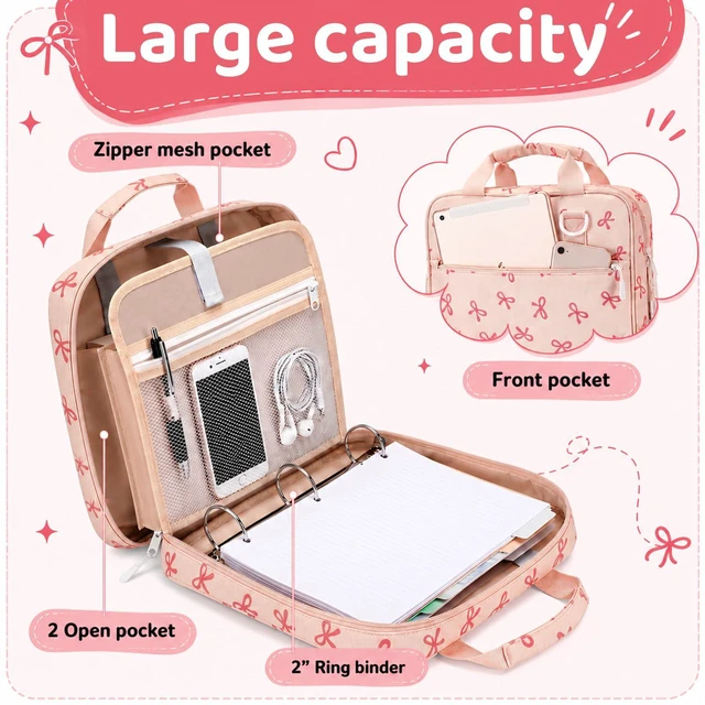 Alt view image 3 of 6 - Zipper Binder Folder Keeper with Strap 2", 3 Ring, Pink, Bow Coquette Multi-pocket Zipper Bag, Fabric, 13" Laptop 5-tab Expanding File Folder, Women Men, Office Middle High School