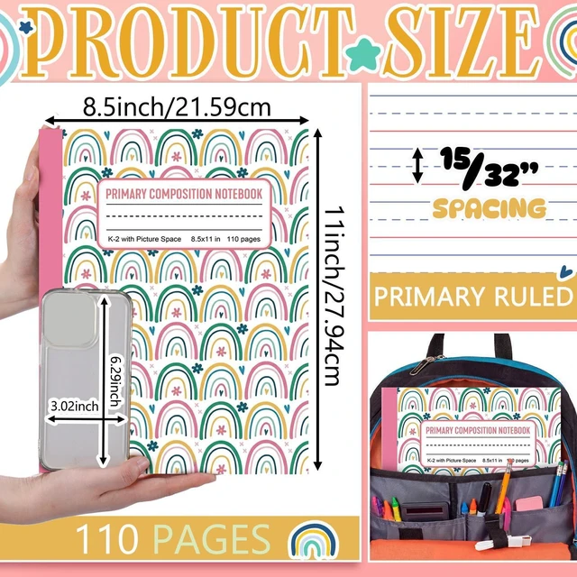 Alt view image 4 of 7 - 6 Pack Rainbow Primary Composition Notebook with Picture Space Bulk for Grades K-2 110 Page 8.5 X11'' Half Primary Journal K-2 Drawing Story for Back to School First Day of School