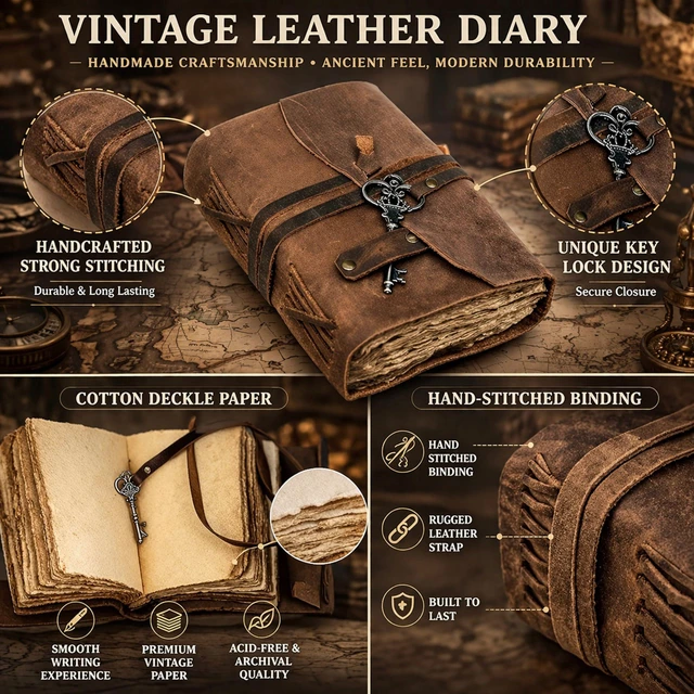 Alt view image 2 of 7 - Vintage Leather Journal - Antique Handmade Leather Bound journal with deckle edge paper for Men And Women Diary - Leather Sketchbook - Drawing Journal Notebook - Great Gift (11.7X8.3)