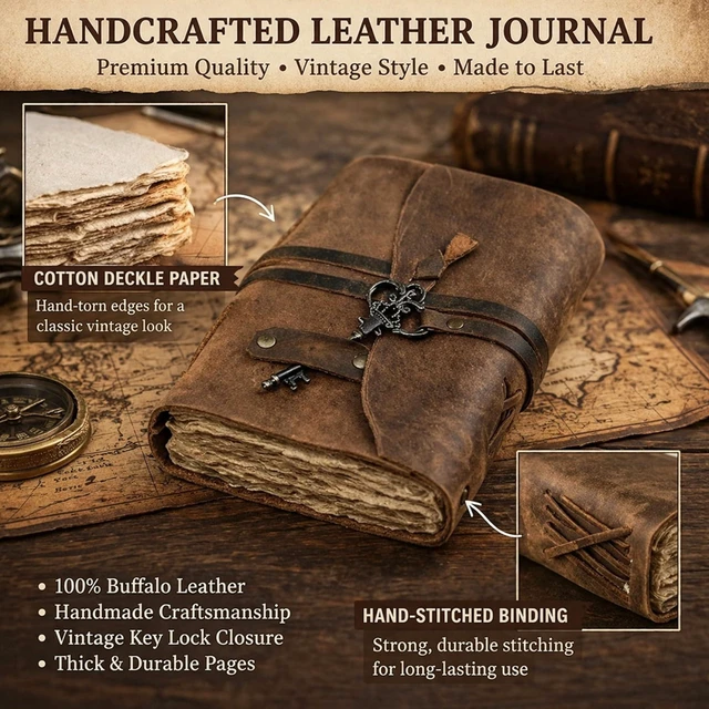 Alt view image 4 of 7 - Vintage Leather Journal - Antique Handmade Leather Bound journal with deckle edge paper for Men And Women Diary - Leather Sketchbook - Drawing Journal Notebook - Great Gift (11.7X8.3)