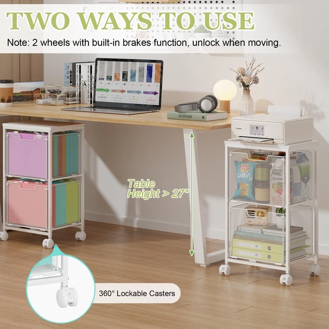 Alt view image 4 of 7 - Rolling File Cart with 2 Storage Drawers,Under Desk Storage Cart Hanging File Folder Organizer with Wheels, Filing Cabinet Mobile Printer Stand Utility Craft Cart for Home Office,White