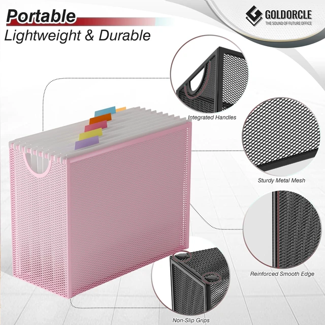 Alt view image 4 of 6 - Letter-Size Hanging File Organizer (Pink, with 5 Grey Folders) File Holder Filing Box for Desk, Metal Mesh Desk File Folder Storage for Office(No Assembly Required)