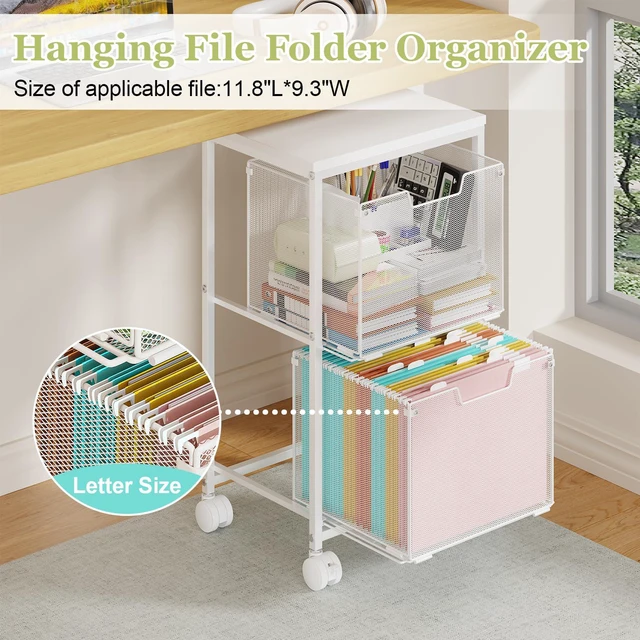 Alt view image 5 of 7 - Rolling File Cart with 2 Storage Drawers,Under Desk Storage Cart Hanging File Folder Organizer with Wheels, Filing Cabinet Mobile Printer Stand Utility Craft Cart for Home Office,White